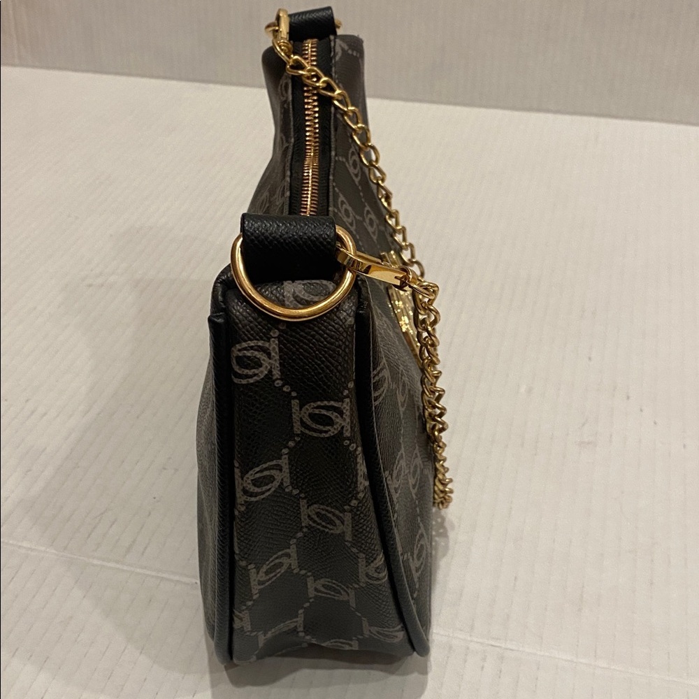 Bebe Small Compact Monogram Brown & Gold Shoulder Bag with removable chain - Picture 9 of 16